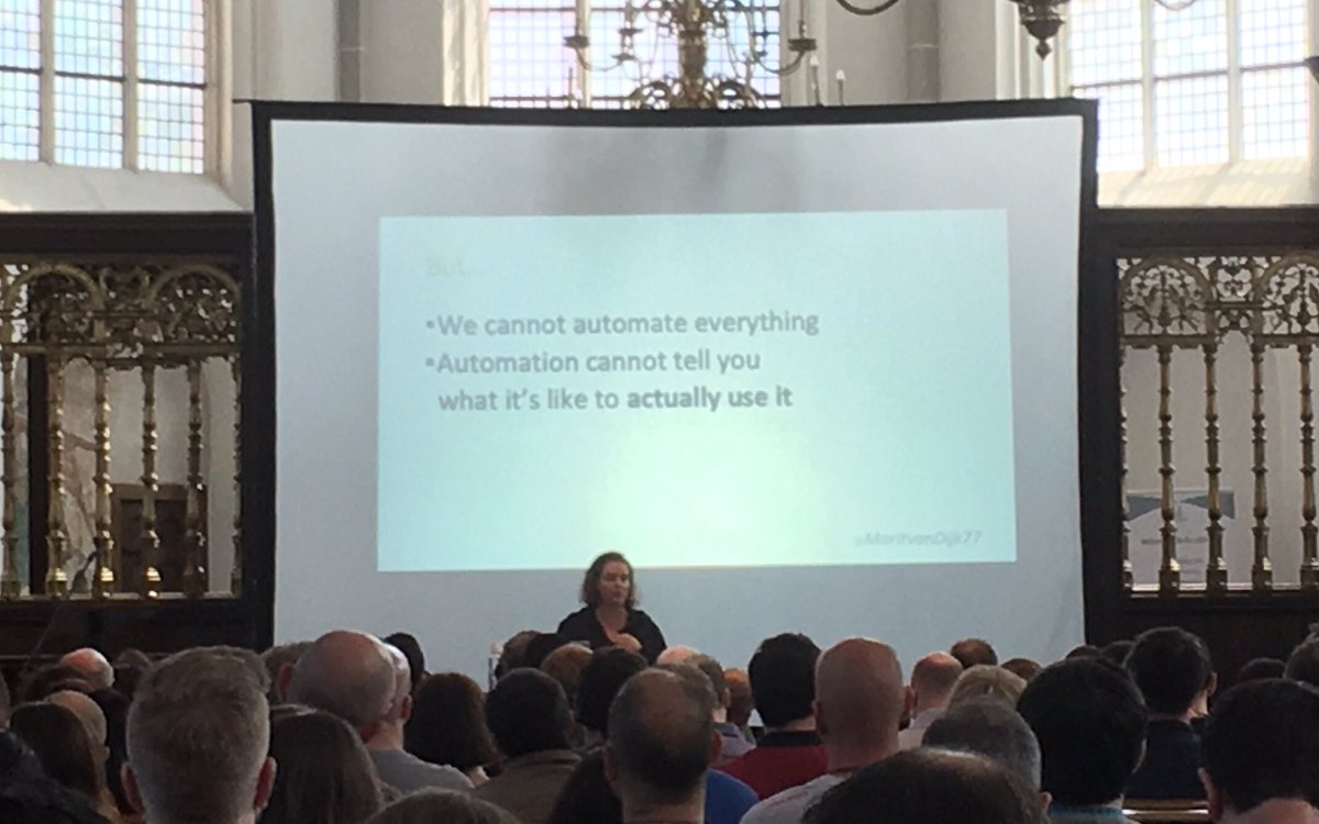 Annosofie's tweet photo. @MaritvanDijk77 is rocking her talk! You cannot automate the unknown unknowns. #TestBashNetherlands #TestBash https://t.co/OgGaVLRdc9