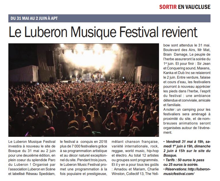 Spedidam's tweet photo. [LU DANS LA PRESSE 📰] 

Le Luberon Music Festival (festival labellisé @ReseauSPEDIDAM) revient, et ça se passe dans une semaine à Apt ! 
On se retrouve là-bas ? ⚡️

@luberonmusic @otapt
Dans Vaucluse Hebdo https://t.co/qcFhTIIeXL
