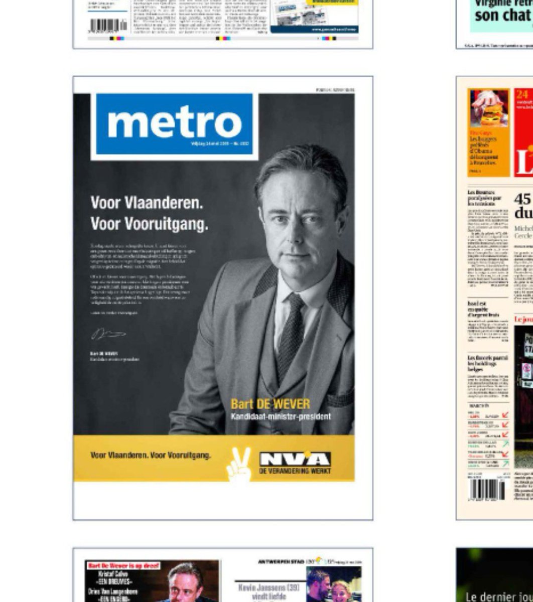XpressBE's tweet image. Assez originale l'exploitation faite par le #PSbe de sa pub en "une" de @metrobelgique, incluant le titre du périodique.
Pour le Metro en néerlandais, la #NVA tient à nous montrer la bouille de Bart... on sait jamais... qu'on saurait pas qui c'est 😏
#Élections2019 @Auxipress