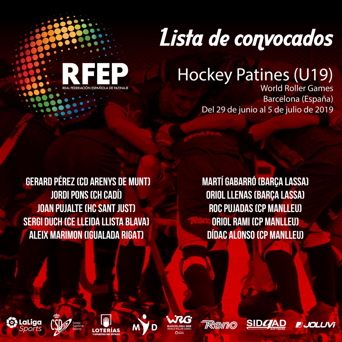 És tot un plaer i un orgull penjar aquesta imatge amb la convocatòria definitiva de la selecció (U19) pels <a href="/wrgbarcelona/">World Roller Games 2019</a> #Barcelona on apareix, molt i molt merescudament el nostre  <a href="/JPujalte/">joan pujalte</a> #hcsantjust Felicitats Joan!! #SantJust