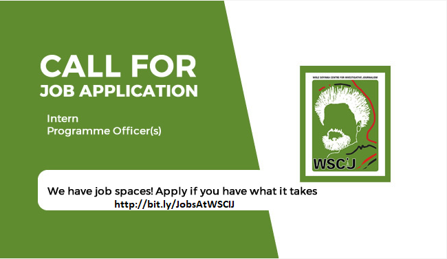 WSoyinkaCentre's tweet photo. #OpportunitiesWithWSCIJ closing today!

The WSCIJ is currently seeking to engage persons with passion for excellence &amp; commendable work ethics to support its programme work across various thematic issues.

Openings - Interns &amp; Programme Officer(s)

Visit - https://t.co/2zQH3jeV0F https://t.co/g0JpHdczNU