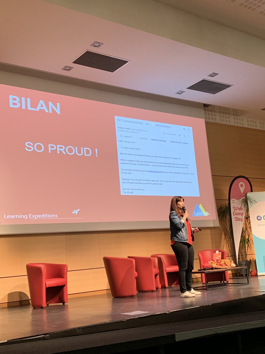 #WebCampDay : <a href="/AlexandraGPoint/">Alexandra GP</a> de <a href="/lex_hub/">LexHub ✈️</a> partage son expérience chez <a href="/42SiliconValley/">42 Silicon Valley</a>. 
« Une aventure humaine incroyable, un erasmus puissance 10 000 ! » 
<a href="/WebCampDay/">WebCampDay</a> #LearningExpeditions #42piscine #Coding #Formation #USA