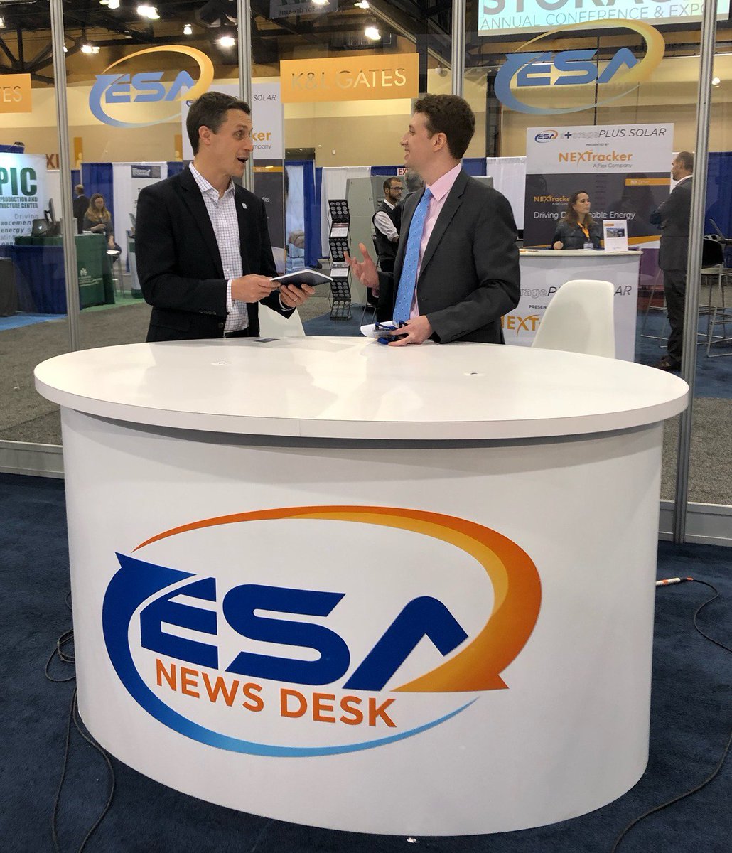 fluenceenergy's tweet photo. Tim Ash, Fluence Market Director USA East (left) talked #energystorage acceleration with host Mike O'Neill of @KLGates at #ESACon19 News Desk. Catch the interview here: https://t.co/DVMfxINM6K https://t.co/fKnkVesBW0