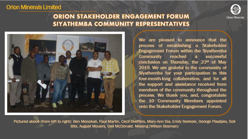 OrionMinerals's tweet image. Orion Minerals successfully concludes the establishment of its Stakeholder Engagement Forum by announcing the 10 representatives appointed to speak for the community at the forum. #OrionMinerals #Prieska #SAMining #Community #MinesofTomorrow