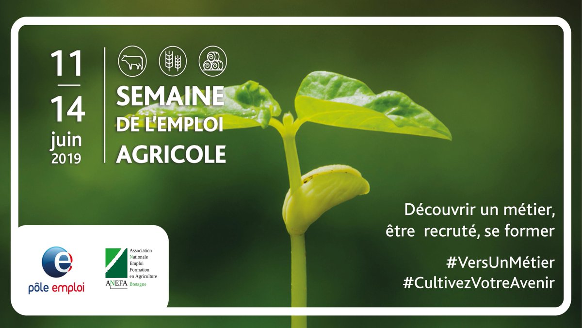 @Pole_Emploi_BZH et <a href="/AnefaBretagne/">L'agriculture recrute en Bretagne !</a> organisent la Semaine de l’#emploi agricole du 11 au 14 juin 2019. 🚜🐷🐮🌱    
Près de 40 événements pour découvrir les métiers, être recruté, se former dans un secteur qui recrute. #VersUnMetier #CultivezVotreAvenir 👉 ow.ly/btpp50uoOp1