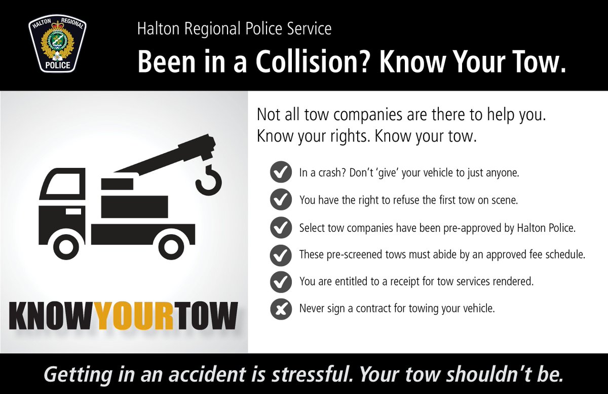 HaltonPolice's tweet photo. Been in a collision? 

That first tow truck that arrives could be there to help you – or could cost you a lot of 💰. You have the right to refuse the services of the first (or any) tow truck on scene and use a Halton Police pre-approved rotational tow instead. 

#KnowYourTow ^jh https://t.co/OSrIfa7G4D