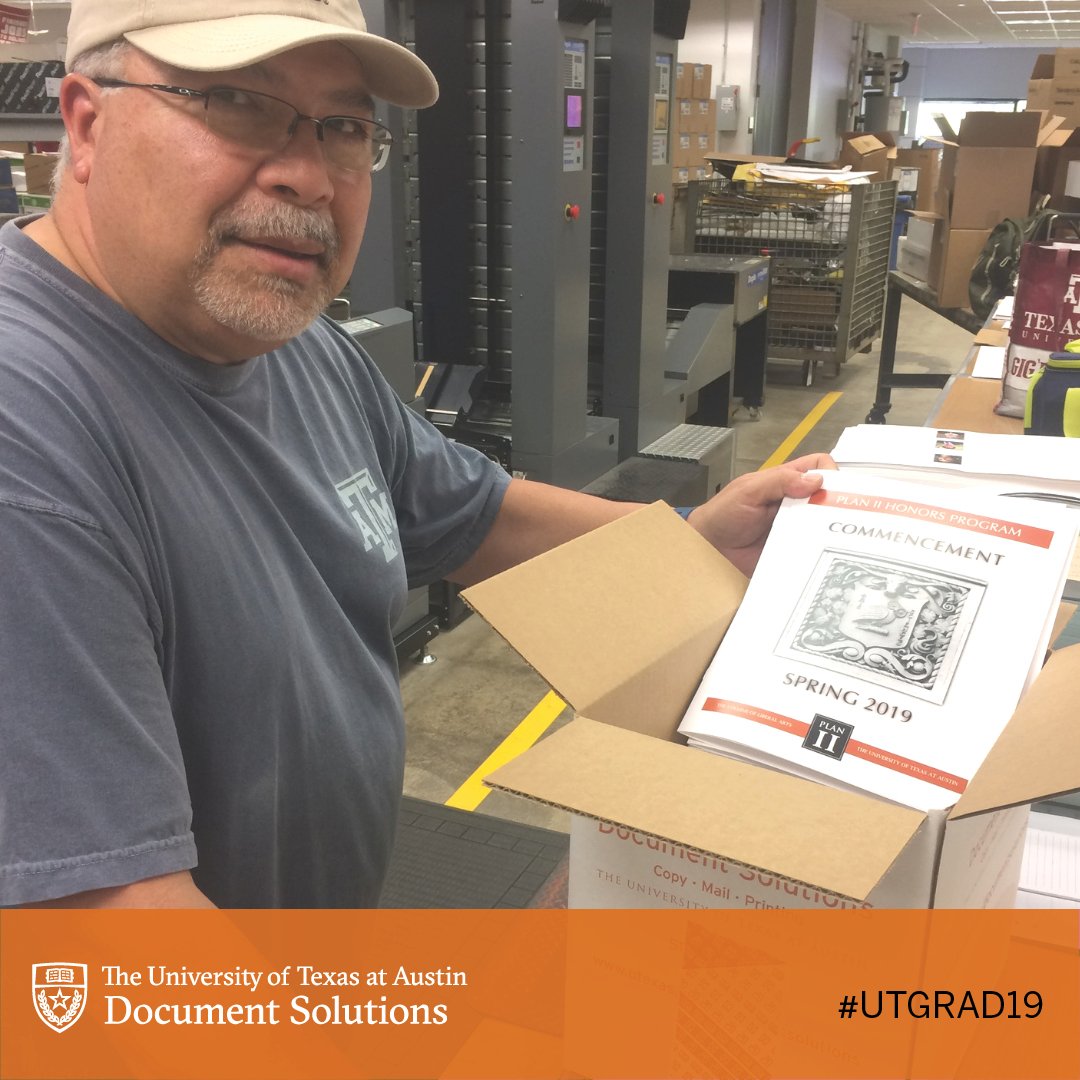 UTDocSol's tweet photo. We're honored to print 🎓commencement programs and take part in all the preparations for #UTGRAD19 #FASTEAMWORK @UTAustin  🤘 Hook 'em! https://t.co/OQ8ZThreHF