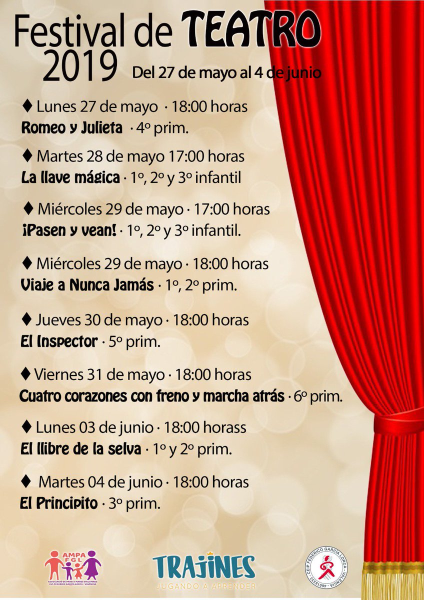 ceipfglvalencia's tweet photo. Festival de Teatro 2019. 🎭
📅Del 27 de mayo al 4 de junio, en sesión de tarde. #FestivaldeTeatro2019 #Teatro #Trajines https://t.co/ppab7xRN3r