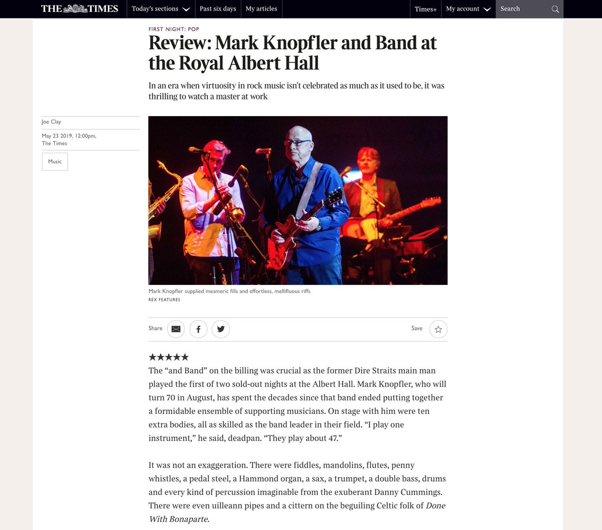 "In an era when virtuosity in rock music isn’t celebrated as much as it used to be, it was thrilling to watch a master at work..."

Mark's <a href="/RoyalAlbertHall/">Royal Albert Hall</a> performance received a 5-star review from <a href="/thetimes/">The Times and The Sunday Times</a>

For info on his upcoming shows head over to tour.markknopfler.com