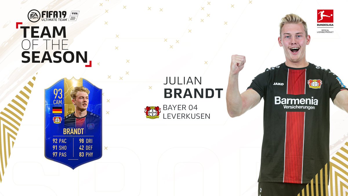 @eintracht_eng @EASPORTSFIFA @RBLeipzig_EN @FCBayernEN @kaihavertz29 @bayer04_en @BlackYellow @Sanchooo10 @woodyinho He finished his @bayer04_en career in style with a remarkable campaign for Die Werkself 🦁

@JulianBrandt is in the #BLTOTS 🙌

@EASPORTSFIFA #FUT19