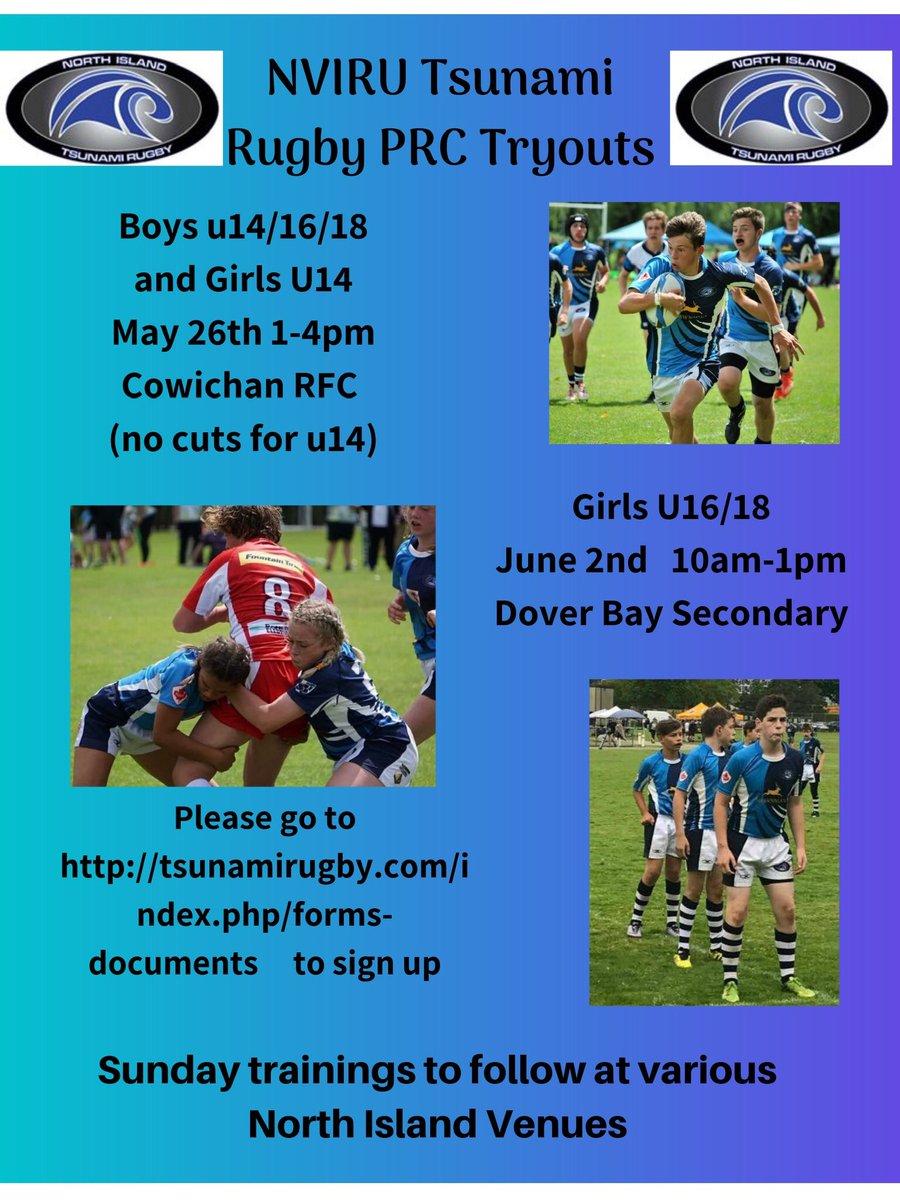 TsunamiRugby's tweet photo. North Vancouver Island youth players - don’t delay, register for PRC team tryouts as U14, U16 &amp; U18 boys plus U14 Girls start this Sunday then U16 &amp; U18 Girls start next Sunday. https://t.co/astLxdJEgi https://t.co/XImNIh5q1b