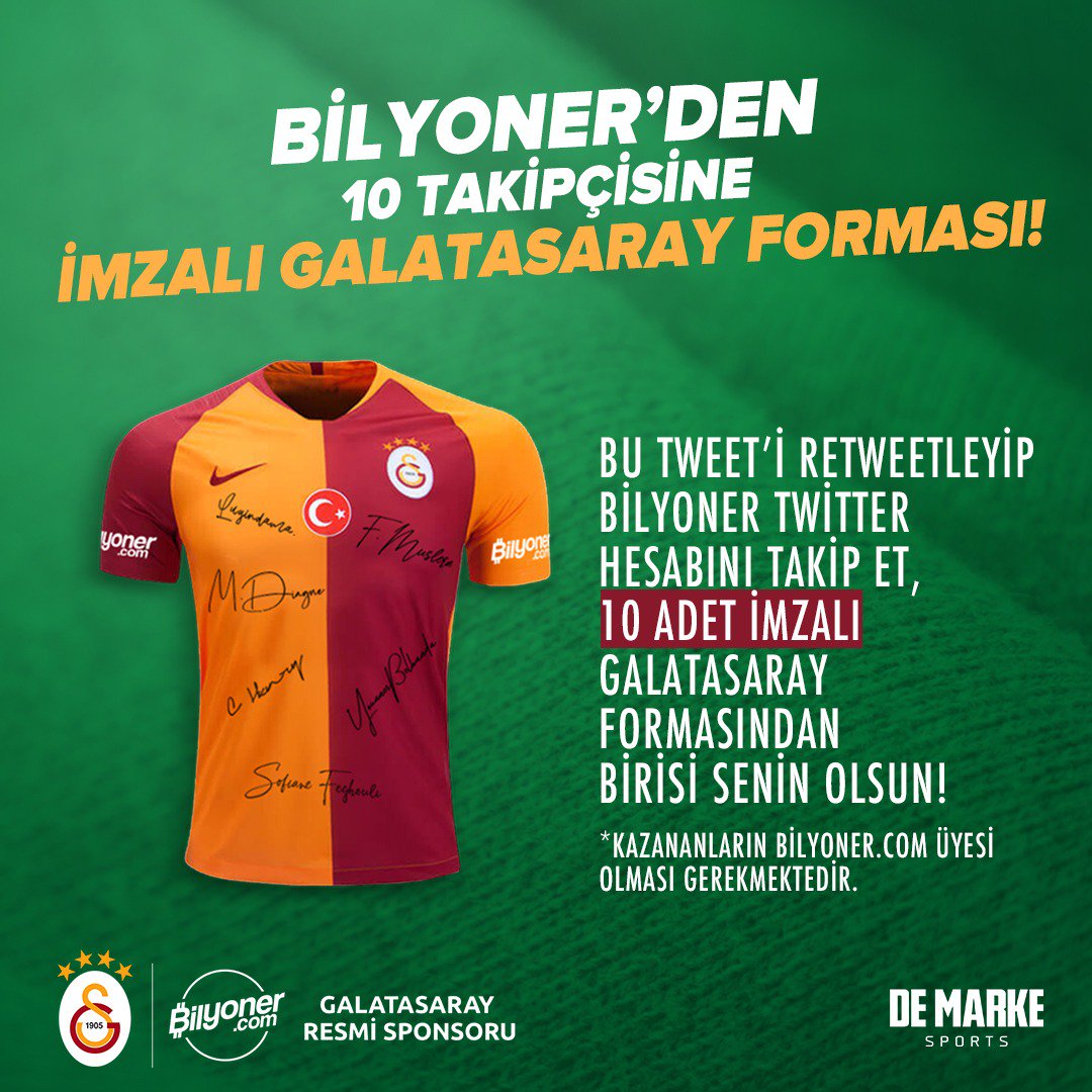 Bilyoner, takipçilerine 10 adet imzalı Galatasaray forması veriyor! 

📌 Bu tweeti retweetleyip <a href="/Bilyoner/">Bilyoner 💚</a>'i takip et, imzalı Galatasaray forması kazanan 10 kişiden 1'i olma şansını yakala!

📌Kazananlar 26 Mayıs Pazar günü 19:00'da açıklanacaktır.