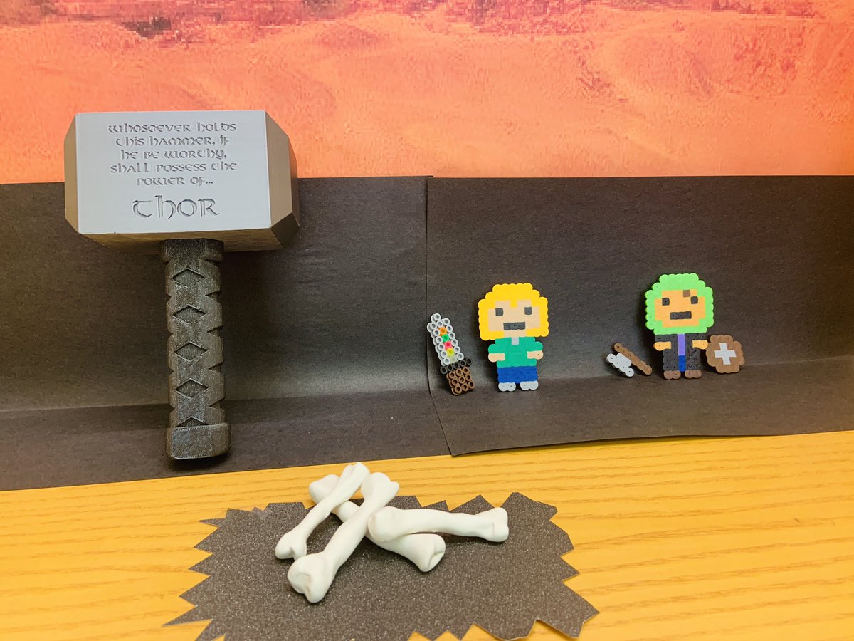 MFSLibrary's tweet photo. The middle school book club created an amazing Rick Riordan display! Complete with a 3D printed hammer of Thor and fuse beads Magnus Chase and Sam! https://t.co/MasB6uCAfU