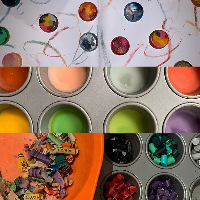 Melted down some crayon stumps from last century, to make new ‘rainbow’ crayons for the boy. Overall a pretty good result, though the pigment separates largely from the wax, and sinks to the bottom, pretty though. Must be done in well ventilated space, a… bit.ly/2M7GWRX