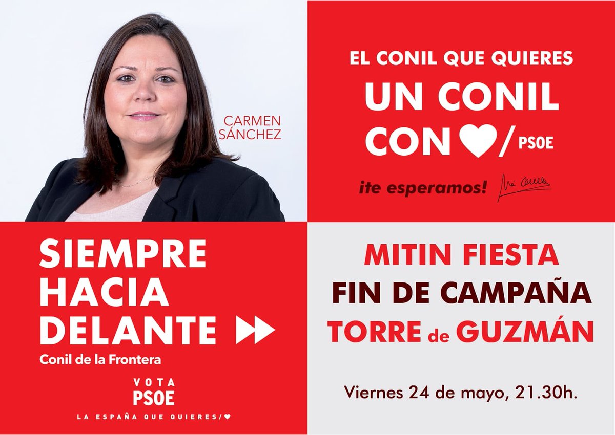 carmen_sm81's tweet photo. Hoy viernes a partir de las 21.30h MITIN FIESTA DEL PSOE DE CONIL en la TORRE DE GUZMAN, con actuación de artistas conileños, os esperamos! 
#ContamosContigo #ContigoConConil para entre todos construir el Conil que queremos y merecemos #UnConilConCorazon ❤ #VotaPsoe 🌹 https://t.co/1qphp5q2DY