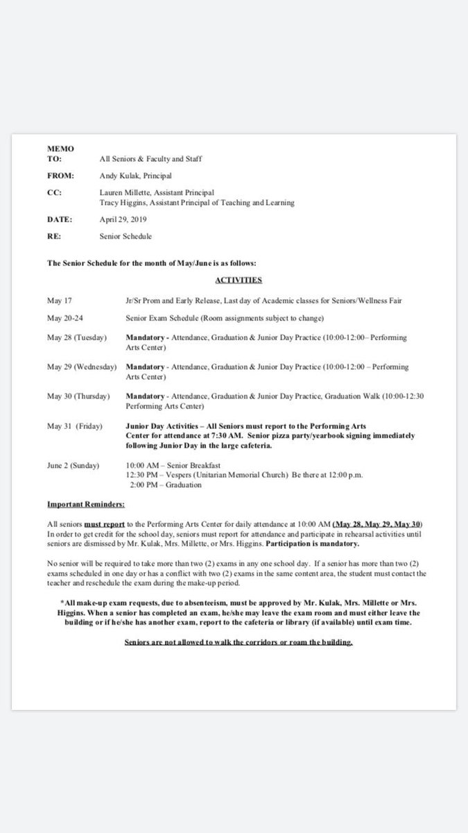 A reminder of mandatory junior day and graduation practices: