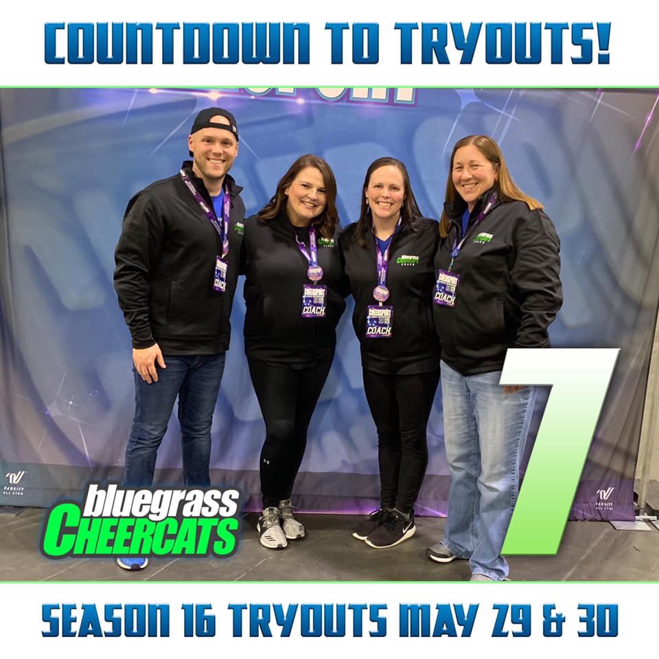 Cheercats's tweet photo. 7 Days until Season 16 tryouts! 
Our owners and coaches are another reason we know you will want to be part of our family! These four coaches have been so consistent, getting to know our athletes and families since the very beginning! https://t.co/PwyeYsJLYE