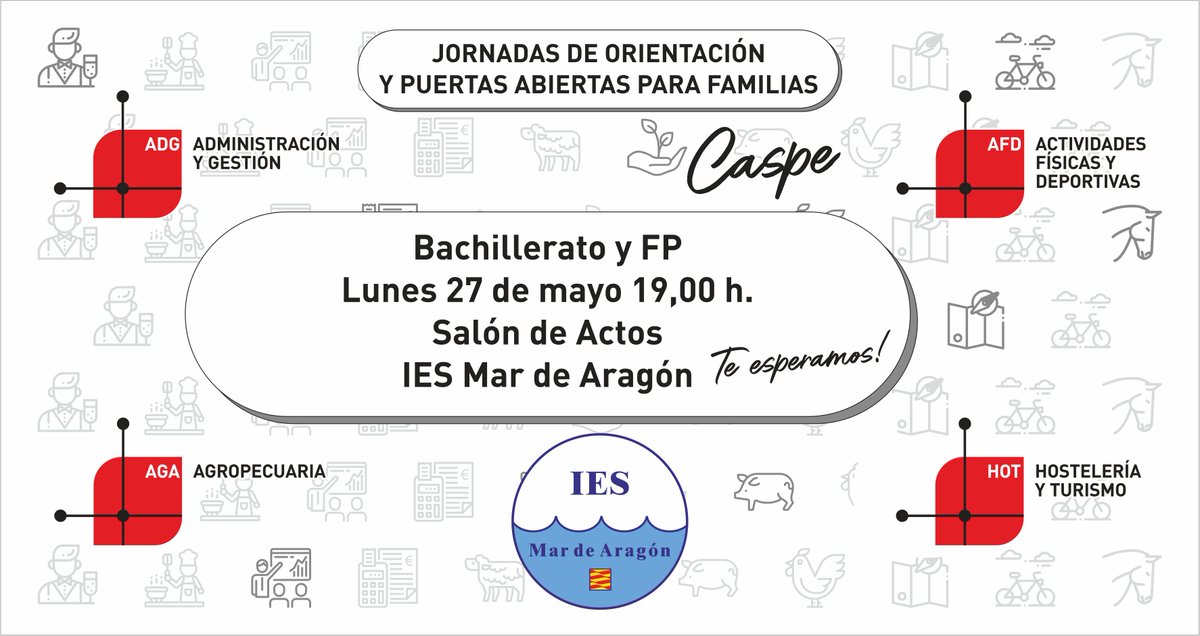 IESMardearagon's tweet photo. Próximas jornadas de puertas abiertas a familias, todo preparado
#educaCaspe #uneteFP #fpesfuturo #seFP
@dgafprofesorado @cifpa_aragon @IESMardearagon https://t.co/Tvo1fIRYxe