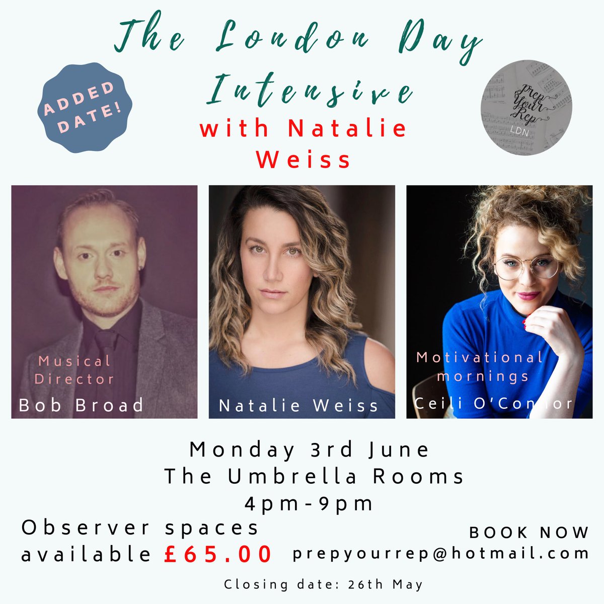 prepyourrep's tweet photo. 2 singer spaces available at Β£120 or observer spaces available at Β£65.00. Get in touch before they go. #addeddate #natalieweissinlondon #natalieweiss #workshop https://t.co/aaDebiWCm8