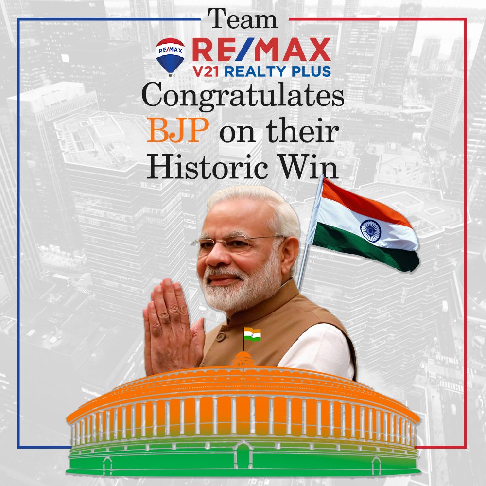 v21realtyplus's tweet photo. Congratulations to @BJP4India and Prime Minister @narendramodi for their win in a historic elections. We wish them good luck for their 5 year tenure.

#modionceagain #election2019 #namo #bjp #narendramodi #amitshah #realestate #housing #remaxv21realtyplus #remax #remaxpune https://t.co/a3rvt1NXG4