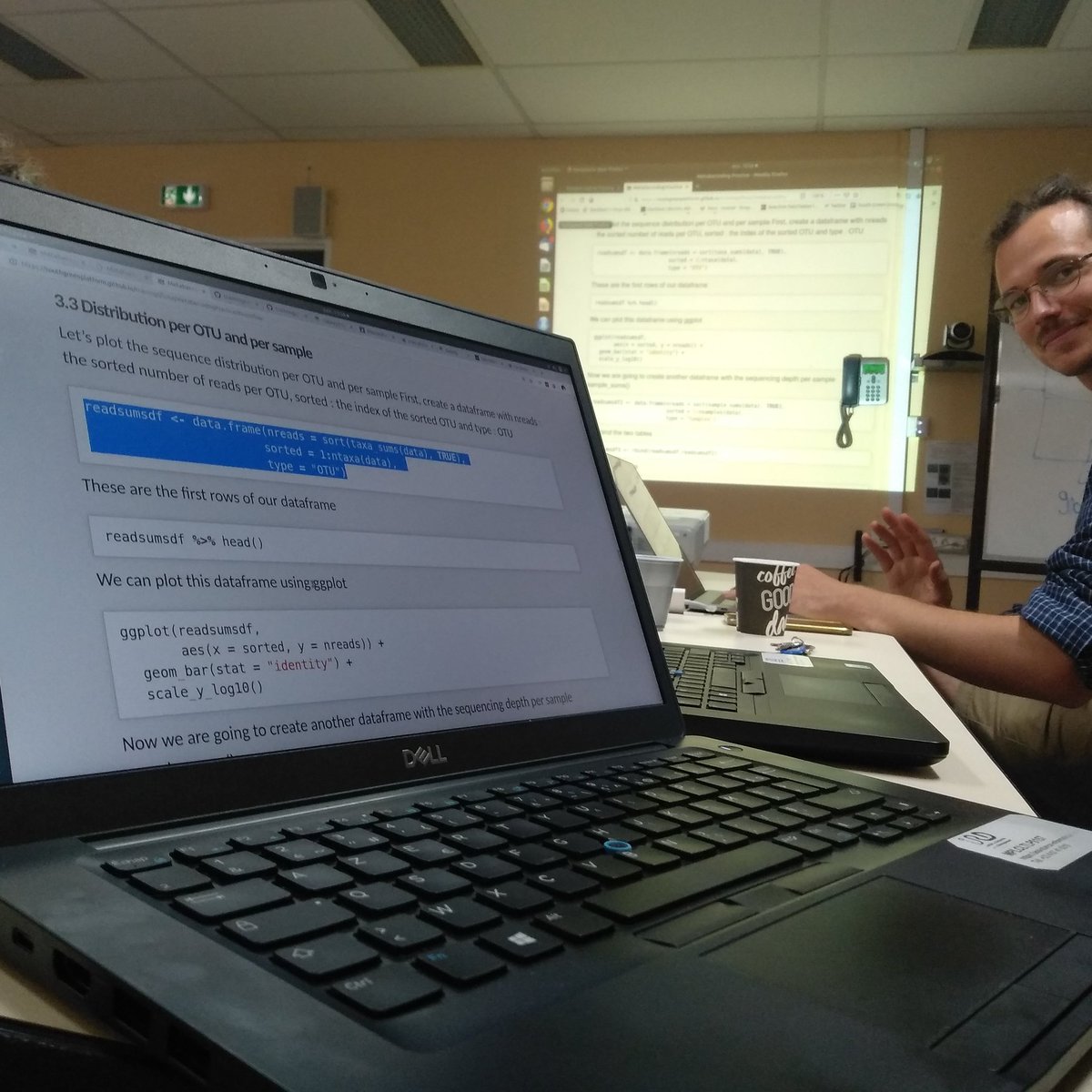 green_bioinfo's tweet photo. Hands on #phyloseq on #R package! Exploring OTUs tables. Obtaining rarefaction curves and calculating diversity indices 😎 with @fconstancias collaborateur from @Cirad. https://t.co/IbF2mdDCN9