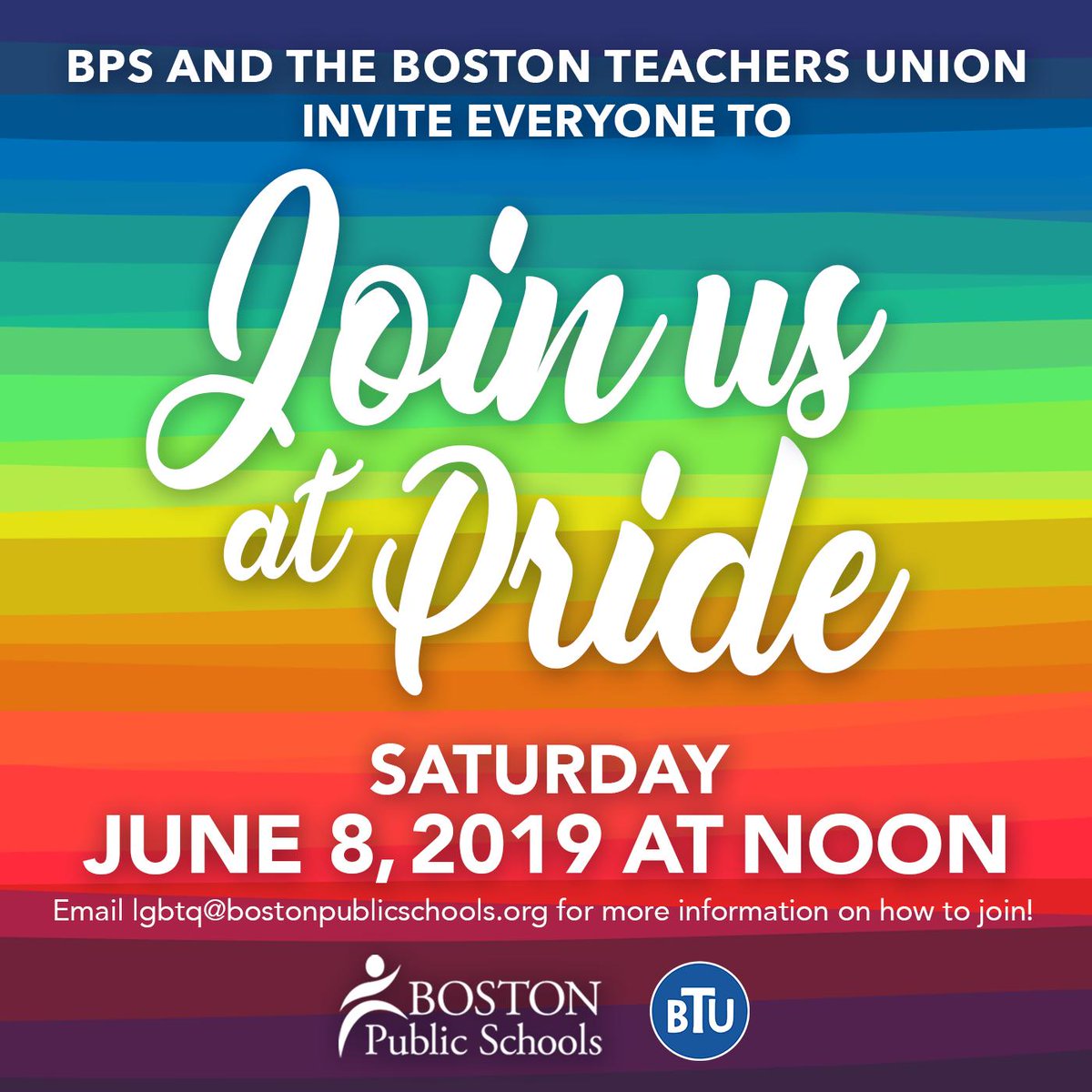 BostonSchools's tweet image. #Pride is coming up! We're calling all @BostonSchools community members to join us and @BTU66 as we march in the 2019 @bostonpride Parade on Saturday, June 8. Visit bostonpublicschools.org/pride to register and for all the details! #BPSPride #BPSrainbow