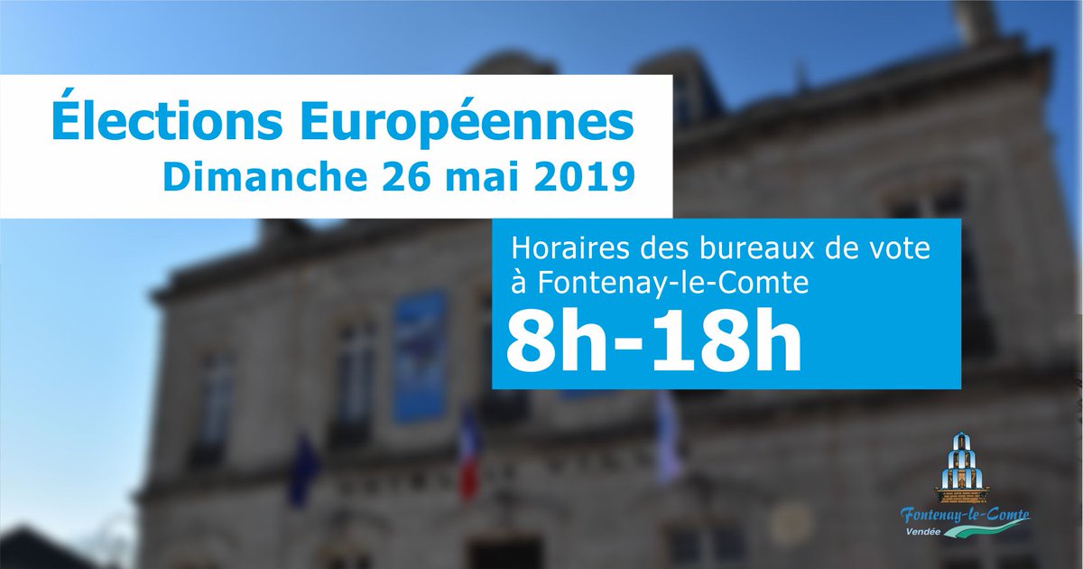 VilleFontenay's tweet photo. [ ÉLECTIONS EUROPÉENNES ] A Fontenay-le-Comte, les 9 bureaux de vote seront ouverts ce dimanche 26 mai 2019 de 8h à 18h.
#fontenaylecomte #ElectionsEuropeennes2019 https://t.co/n5qHgjiGZ2