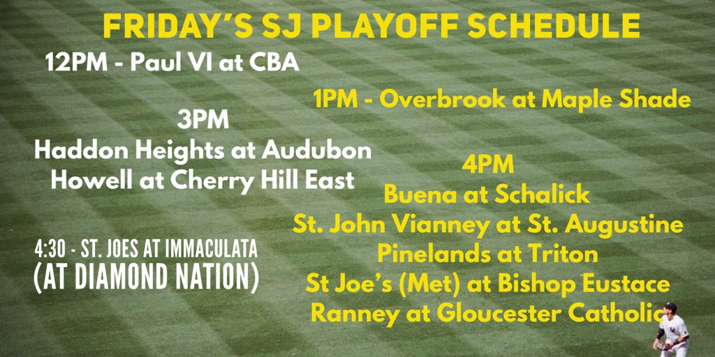 BFA Sports | TWIBaseball SJ (@twibaseballsj) on Twitter photo 👀💪🏻⚾️ Here’s the updated list of Today’s South Jersey Playoff Games, Times, & Locations for today! <a href="/HermitAthletics/">HermitsAthletics</a> <a href="/EustaceBaseball/">Eustace Baseball</a> <a href="/GCbaseballrams/">GC Baseball</a> #SJPlayoffs #WinOrGoHome #ChipChasin #SJBaseball 👀💪🏻⚾️ Here’s the updated list of Today’s South Jersey Playoff Games, Times, & Locations for today! <a href="/HermitAthletics/">HermitsAthletics</a> <a href="/EustaceBaseball/">Eustace Baseball</a> <a href="/GCbaseballrams/">GC Baseball</a> #SJPlayoffs #WinOrGoHome #ChipChasin #SJBaseball