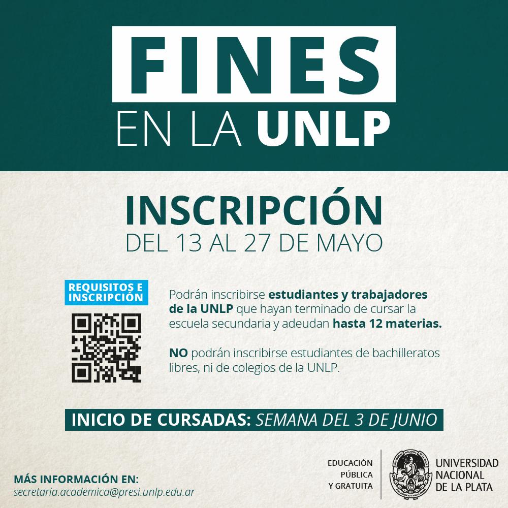 📣📣Últimos días de inscripción!!! Hasta el 27 de mayo podés anotarte pata los cursos del Programa #FINES (Línea deudores de materias) para terminalidad de estudios secundarios #UNLP