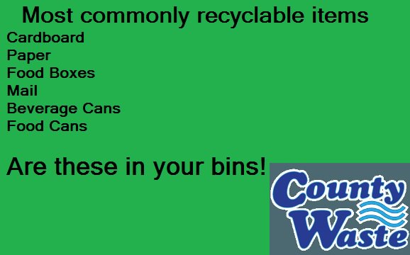 countywaste_pa's tweet photo. What's in your recycle bin? #recyclableitems #cardboard #paper #foodboxes #mail #beveragecans #foodcans #recyclebins #recycle https://t.co/17nyvLMLvL