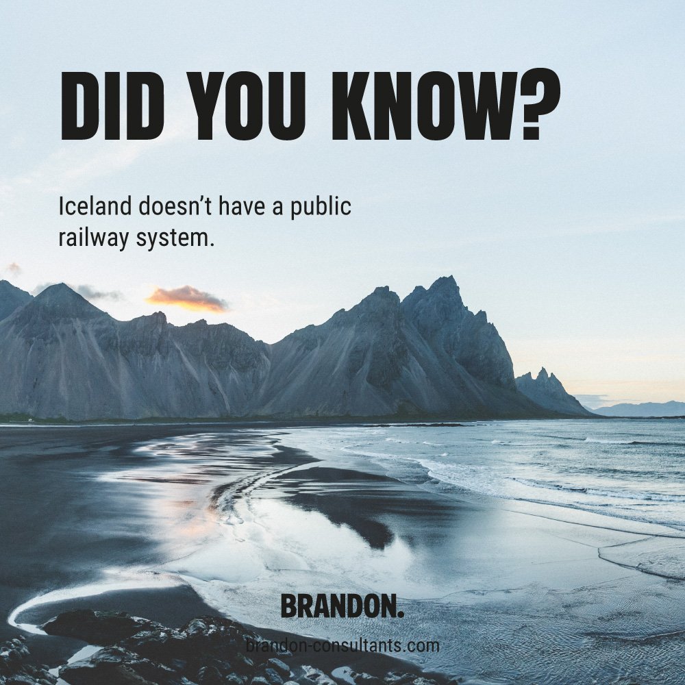 ConsultBrandon's tweet photo. Did you know? Iceland doesn't have a public railway system. #iceland #railways #trainfacts #brandonfacts #funfactfriday https://t.co/ke3EJg2cp6