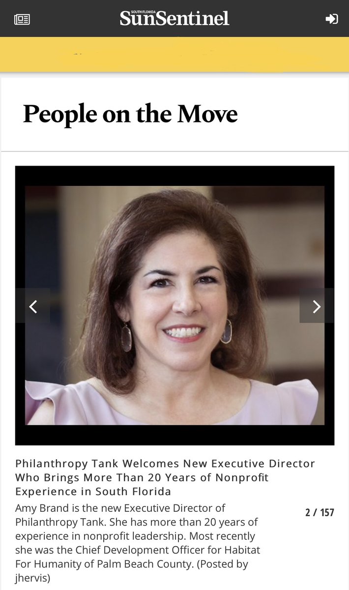 Philanthrotank's tweet photo. Amy Brand our new Executive Dir featured in the Sun Sentinel “People on the Move” section. Right here at 3:30p tomorrow, Amy will be talking about her role in making PT better than ever! Don’t miss it!

#changemakers #westpalmbeach #community #philanthropy #teenentrepreneurs https://t.co/iyItJam7M8
