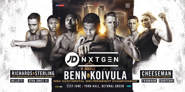BritBoxingBlog's tweet image. **NEW SHOW ANNOUNCED**

Next instalment of #JDNXTGEN announced. Headlined by Conor Benn v Jussi Koivula

@andresterling_ v @craiglrichards is the star fight for me like, cracking British title eliminator!

@Ted_MRFISHER_ &amp;amp; @Bomber_Bellotti also return

June 21, York Hall