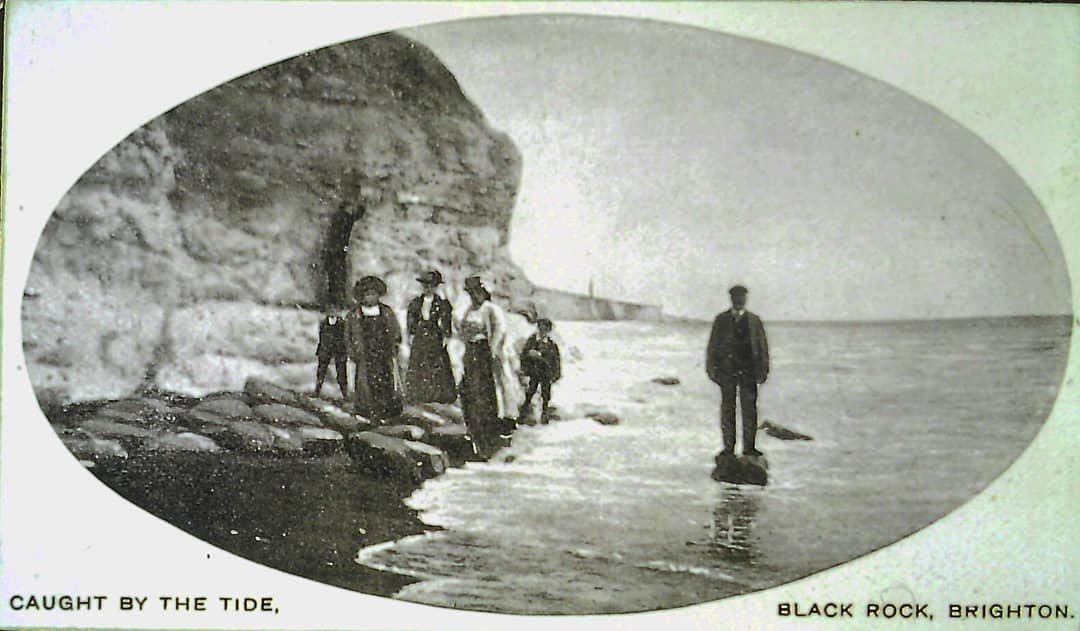 "Caught by the tide" at black rock, Brighton. Great photo taken around the 1900. 

Brighton fishing museum &amp; @fishingquartergallery are open throughout the summer and both are free of charge. 

#museum #fishingquarter #Brighton #BrightonSeafrontHeritageTrust