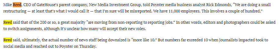 In May 2019, Mike Reed told Poynter there were about 10 layoffs. I found 160. When confronted about this, he claimed reporting these facts was “misleading,” and the layoffs would allow us to do “more, not less, quality local journalism.”