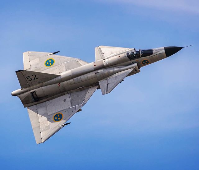 Saab's tweet photo. The #Saabinthesky image of the week shows the mighty Saab Viggen. It’s hard to believe Viggen made its maiden flight 52 years ago. Luckily for all aviation fans, this beast can still be seen at air shows. Photo: Paul Smith #aviation #avgeek #airforce #military https://t.co/kslzB4Eedd