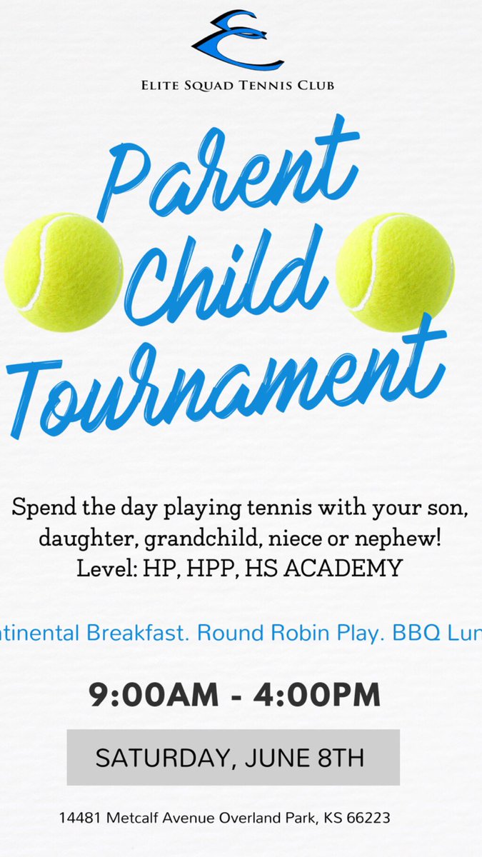 EliteTennisClub's tweet photo. Join us all day at Elite for a Parent Child Tournament before the Member BBQ on Saturday, June 8 🎾💙

Sign up 👉 https://t.co/WvCGP0XReE https://t.co/VoXshXQzHV