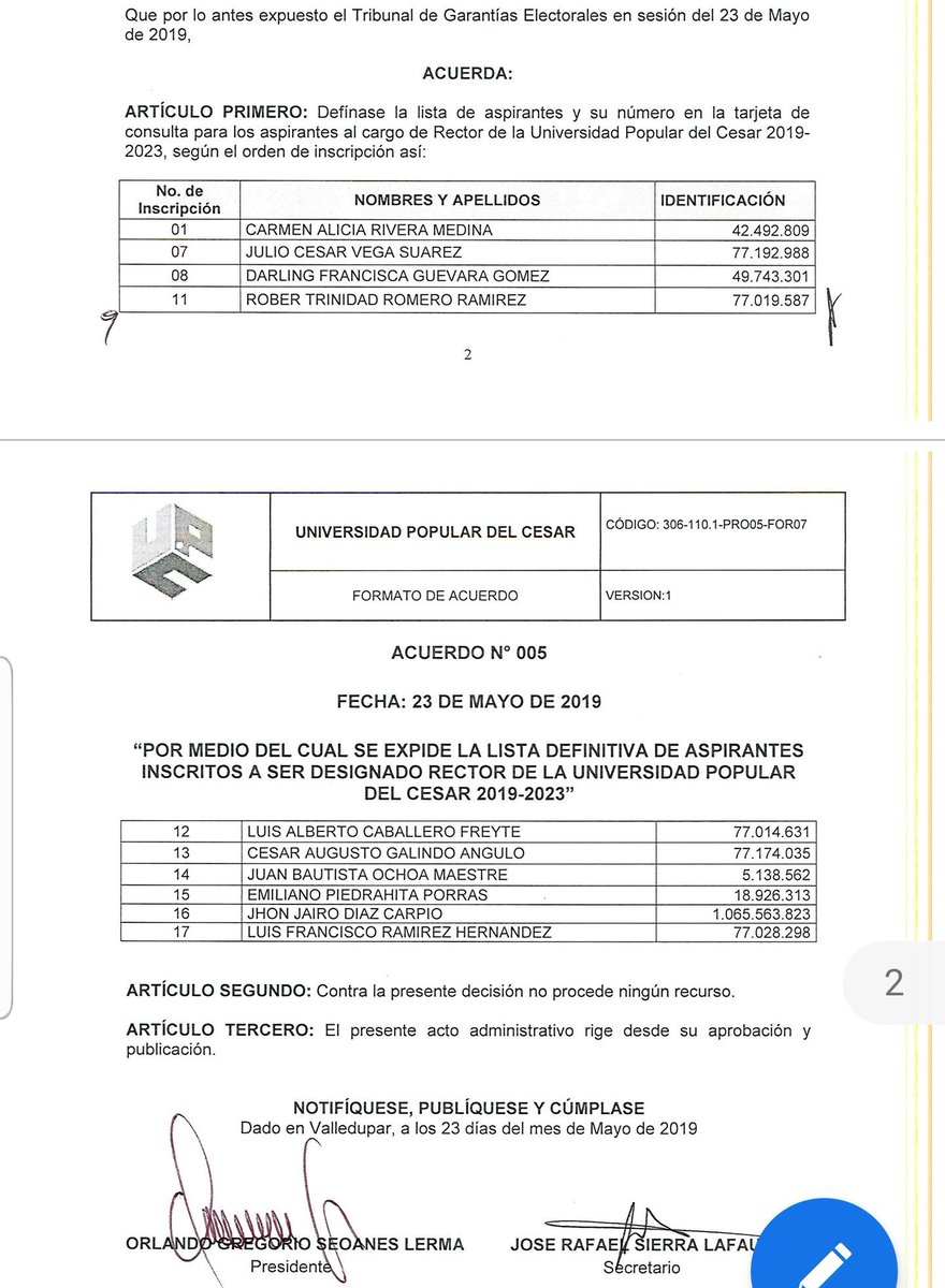 Estos son los 10 aspirantes admitidos a la rectoría de la Universidad Popular del Cesar. Entre ellos los más fuertes, @DarlinGuevaraG y Luis Alberto Caballero. 
De Guevara hay múltiples denuncias sobre que no llena los requisitos en su inscripción.