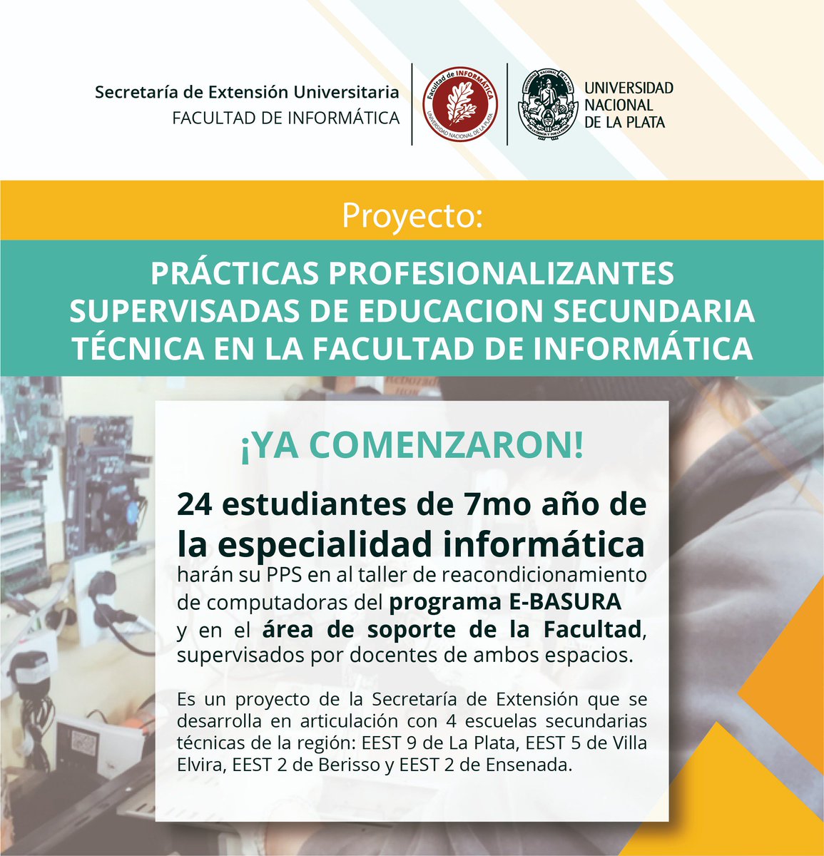 📣Ya comenzaron las prácticas profesionalizantes en <a href="/InformaticaUNLP/">Informática - UNLP</a> 📣

👉24 estudiantes de 7mo. año del secundario comenzaron a realizar las prácticas el taller de @ebasura ♻️y en el área de soporte técnico de la Facultad.💻🔧

+info: bit.ly/2VJVHtG
