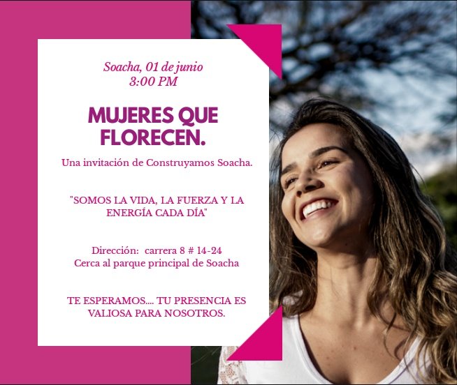 ConstruyaSoacha's tweet photo. Hacemos una cordial invitación a todas las mujeres que son la fuerza e inspiración de la sociedad, a una actividad/taller para despertar el valor de cada una y ser todas la voz y el aliento.👩🏻‍⚕️👩🏼‍🏫👩🏻‍⚖️👩🏾‍🌾👩🏻‍🔧
🌻🌺#MujeresQueFlorecen 🌸🌼
#GirlPower #Soacha 💪🏼🌹 #ConstruyamosSoacha 🇵🇱
😉 https://t.co/1aQ31P6oEV