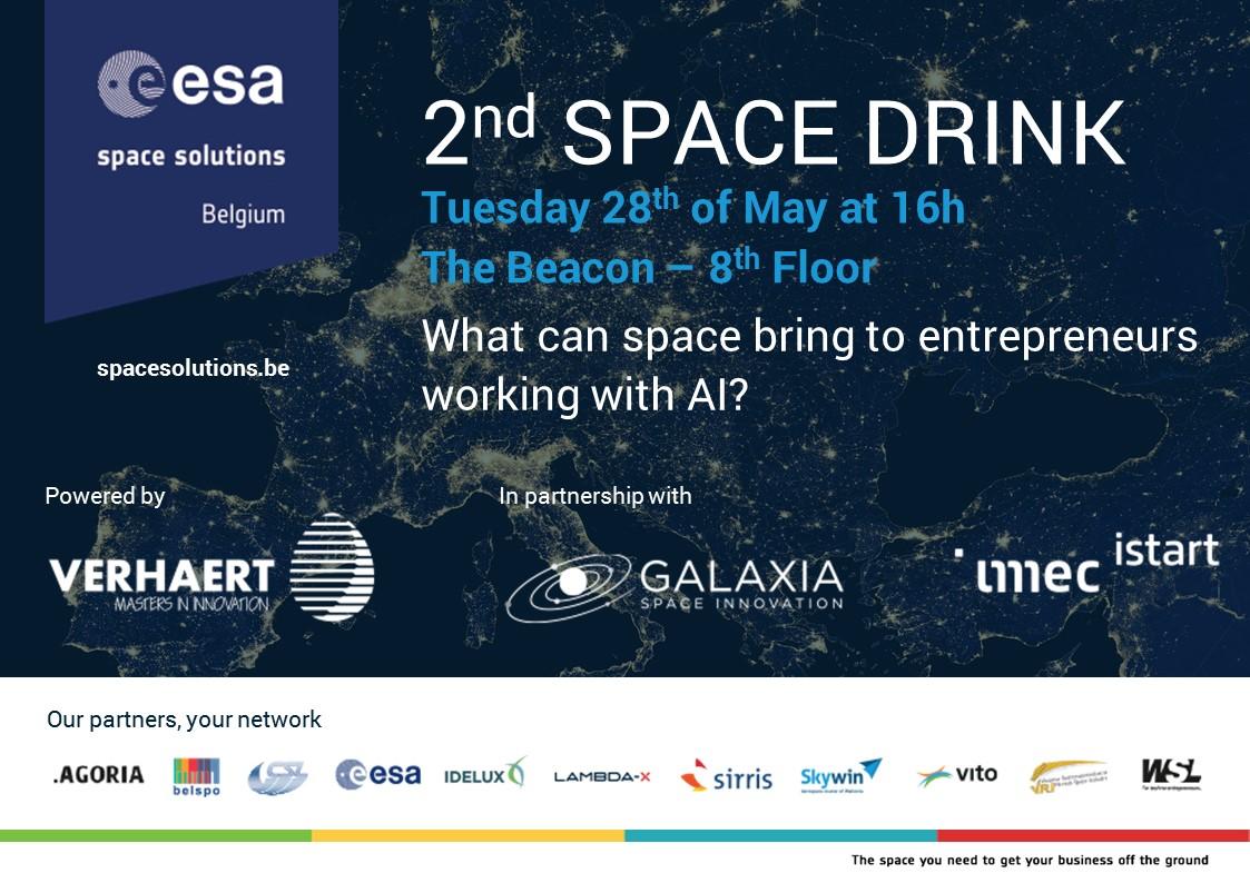 bespacesolution's tweet photo. Join us for the 2nd Space Drink at The Beacon in Antwerp next Tuesday! A short presentation by Nicolas Helssen will explore the current funding opportunities from ESA Business Applications for working with #Space and #AI. Sign up here: https://t.co/A5cd64HIxt https://t.co/Kyf1GRgN38