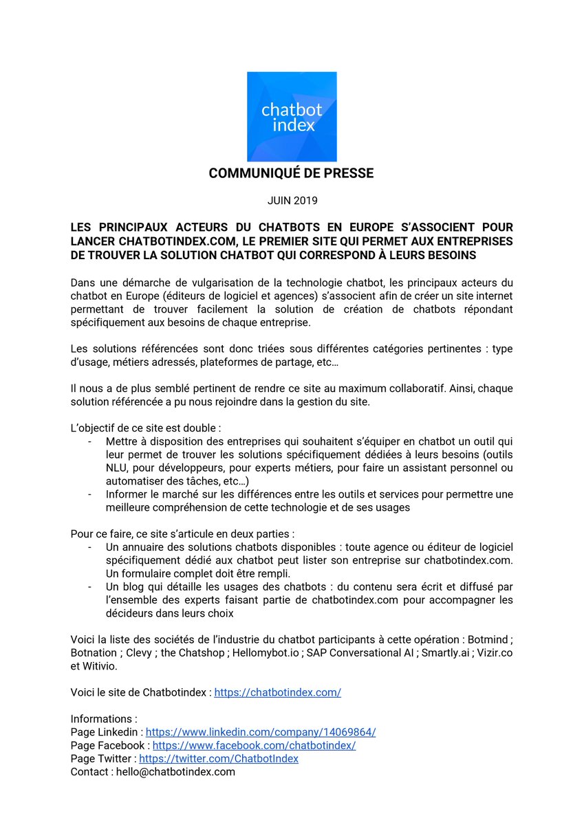 ChatbotIndex's tweet image. C&apos;est le grand jour du lancement ! 
Venez faire un tour sur notre site : chatbotindex.com 

Merci à @botmind_io, @BotNationAI, @clevyio, @ChatShop, @hellomybot_io, @SAPCAI, @smartly_ai, @getvizir et @witiviolive pour votre participation !