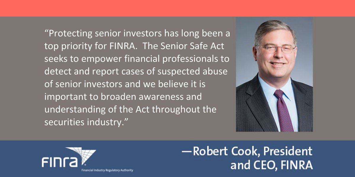 Together with <a href="/SEC_News/">SEC_News</a> and <a href="/NASAA/">NASAA</a>, we have issued a Senior Safe Act Fact Sheet to help promote greater reporting of suspected senior financial exploitation: bit.ly/2Esxnqs