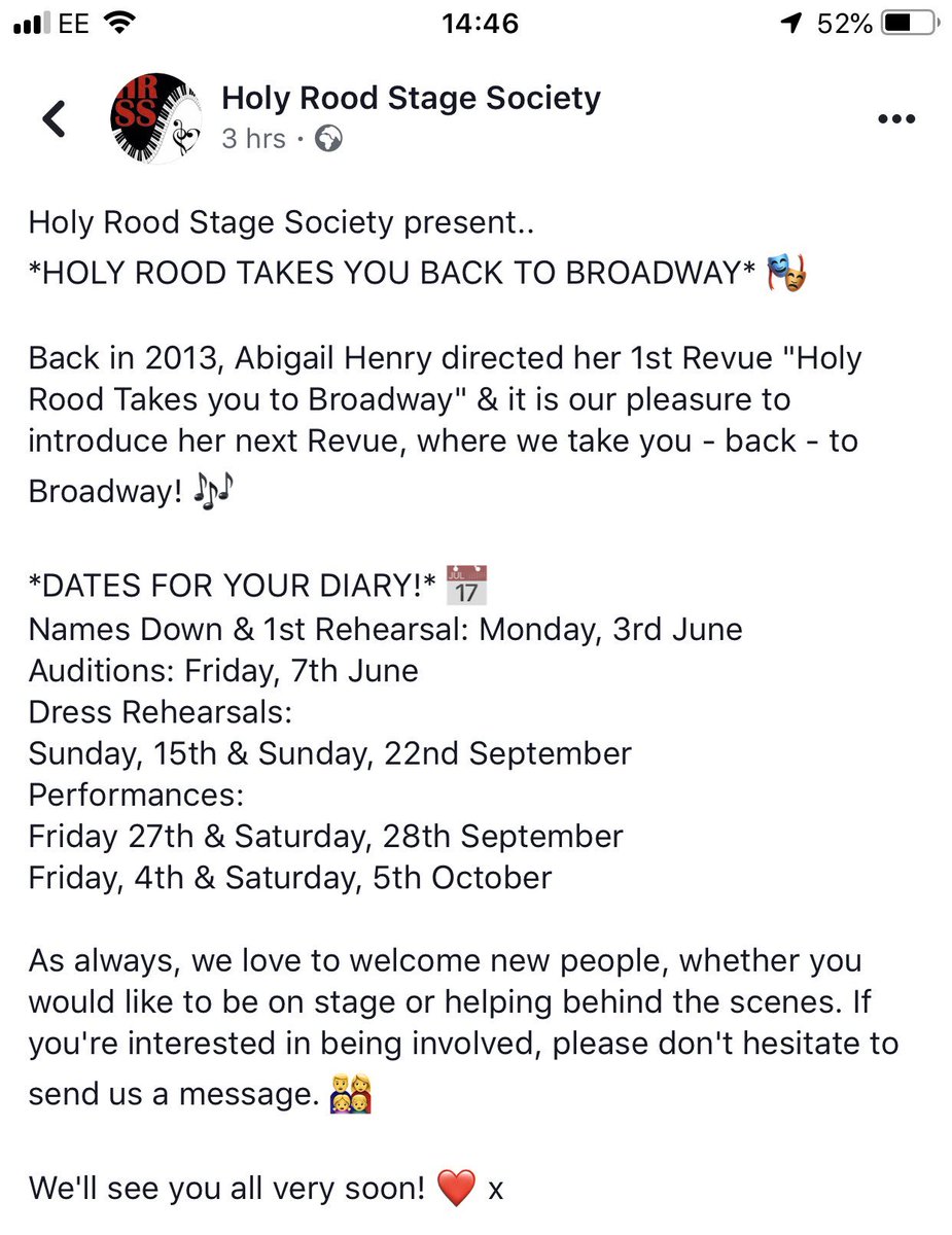 HolyRoodStage's tweet photo. #Like our Official Facebook for Updates 🎭 #DatesForYourDiary? (See Below) #WelcomingNewMembers for #FOH #BOH #Scenery #Props #Sound #Lighting ❤️ x https://t.co/Q4LdN2iqpV