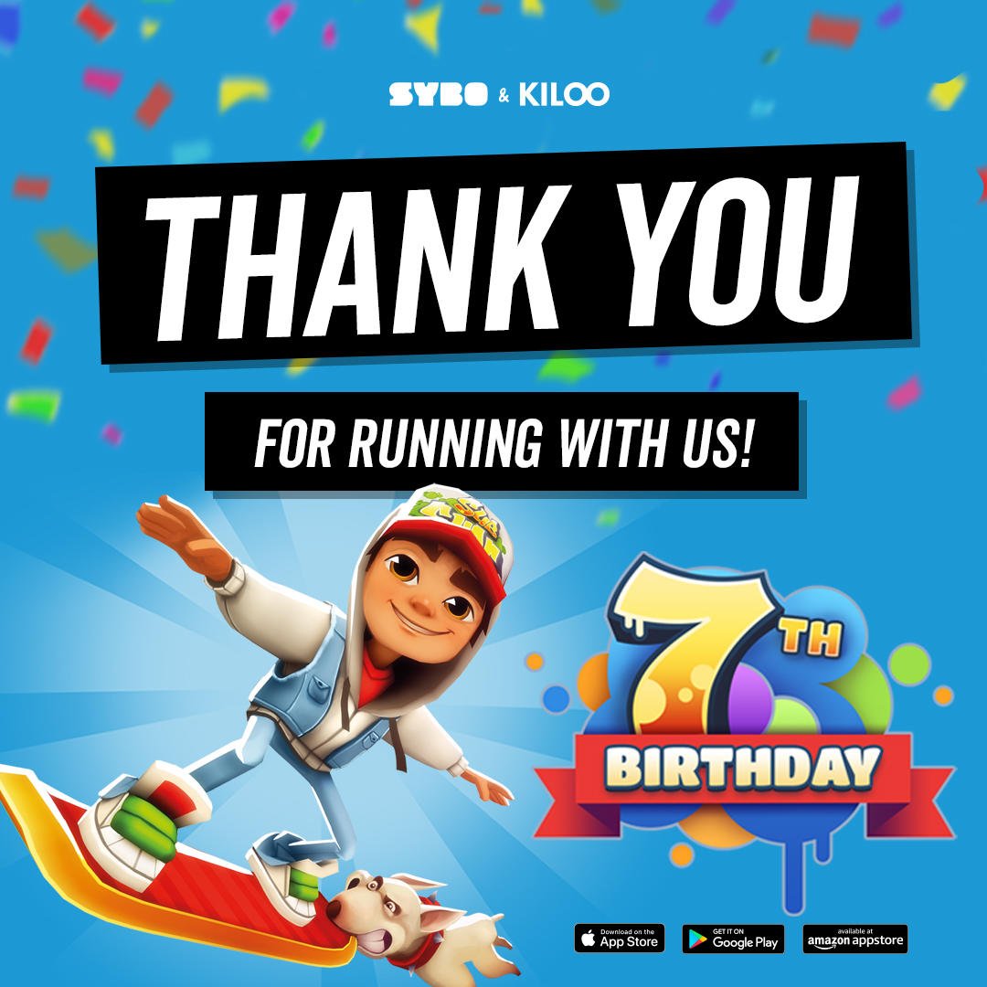 subwaysurfers's tweet photo. Seven years of running! 😱🏃🏃‍♀️ Thanks to all of the amazing #SubwaySurfers fans across the globe for some incredible years -  let's raise a glass to seven more!  🍾✨ #mobilegames #7th #birthday https://t.co/WM3USfvdh8