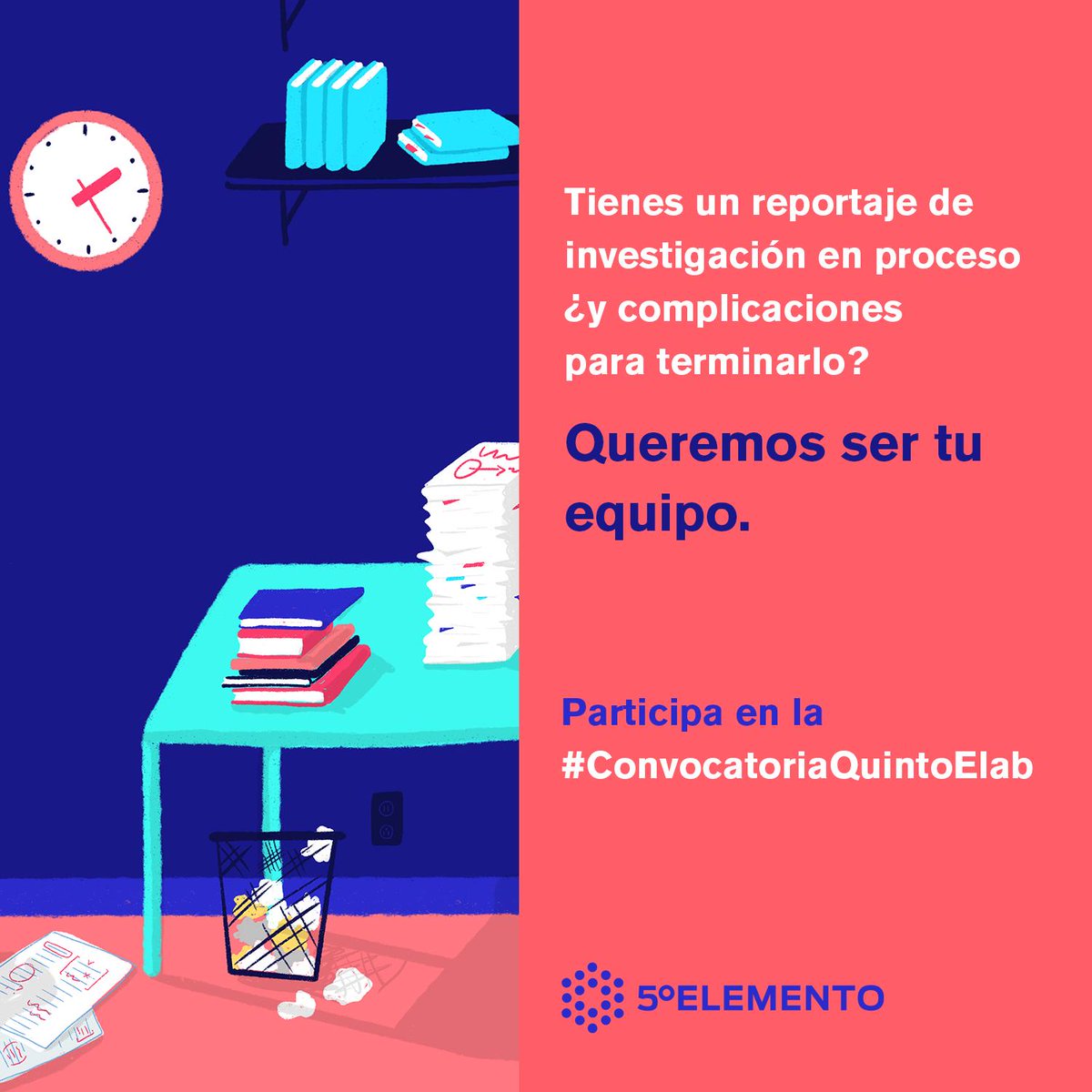 ¡Queremos ser tu equipo!
Aplica a la #ConvocatoriaQuintoElab de periodismo de investigación y te ayudamos a terminar ese reportaje que te quita el sueño.

Para más información visita bit.ly/2Qgoqoz 
Tienes hasta el 6 de junio.