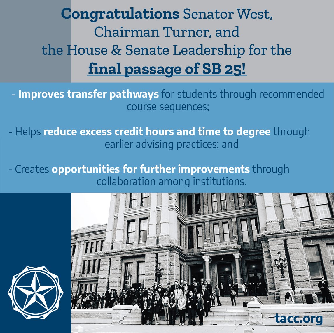Congratulations to <a href="/SenRoyceWest/">Royce West</a>, <a href="/ChrisGTurner/">Chris Turner</a> &amp; the House &amp; Senate leadership for the final passage of #SB25. Streamlining transfers is great for #TXcommunitycollege students and brings us closer to reaching #60x30TX goals. #txlege