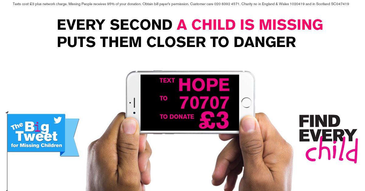 missingpeople's tweet image. As you read this, there are missing children who are alone,  vulnerable to harm + exploitation. We need your help to protect them. HOPE to 70707 to donate £3 + help bring home a missing child 📱 #FindEveryChild