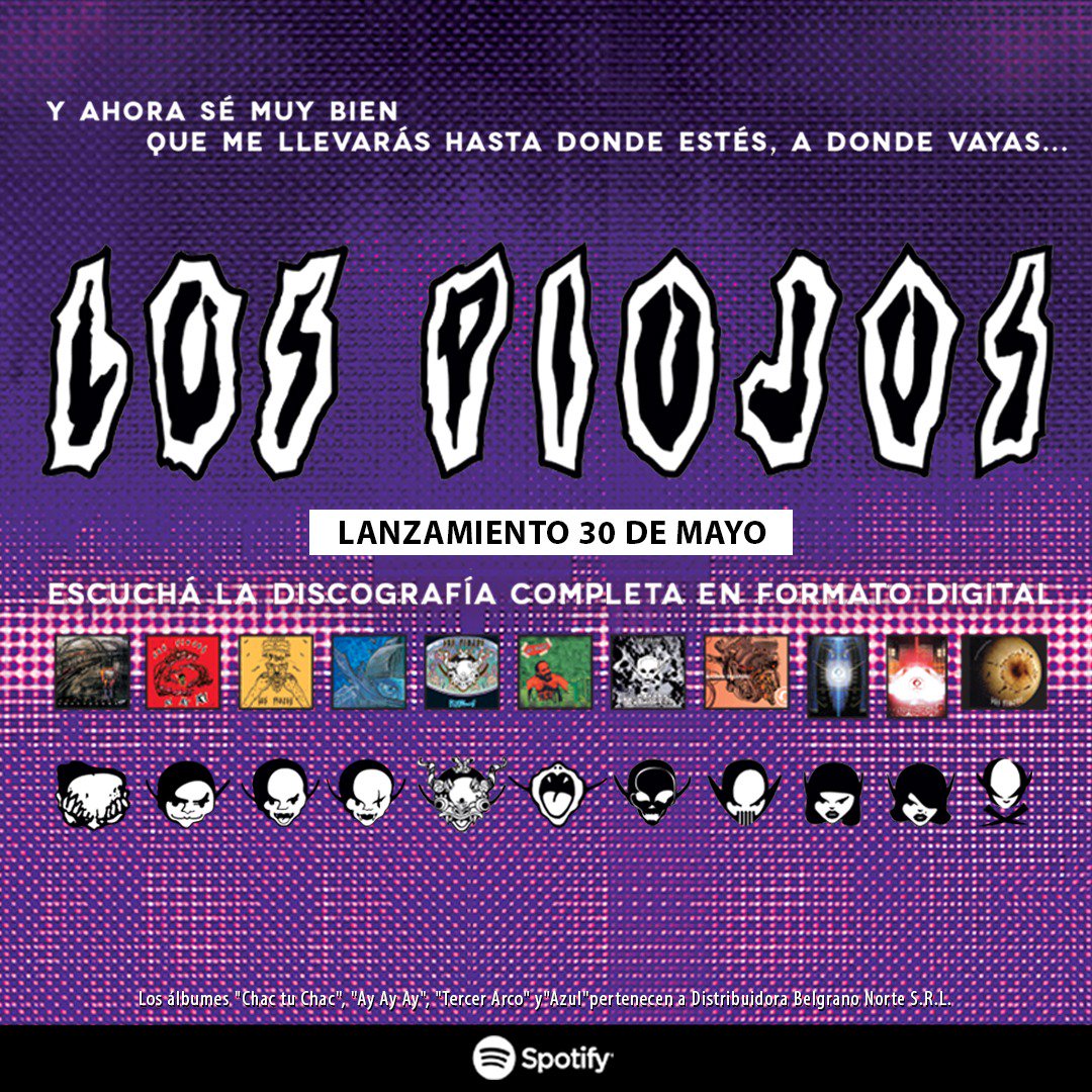 ZarpaSe's tweet photo. LOS PIOJOS: DISCOGRAFÍA COMPLETA EN PLATAFORMAS DIGITALES
Este 30/5, a 10 años del último show de Los Piojos en River se lanza toda la discografía en tiendas digitales. Como novedad, los DVD que en físico estaban únicamente en audiovisual, también estarán en plataformas de audio. https://t.co/LypeAPV1IJ