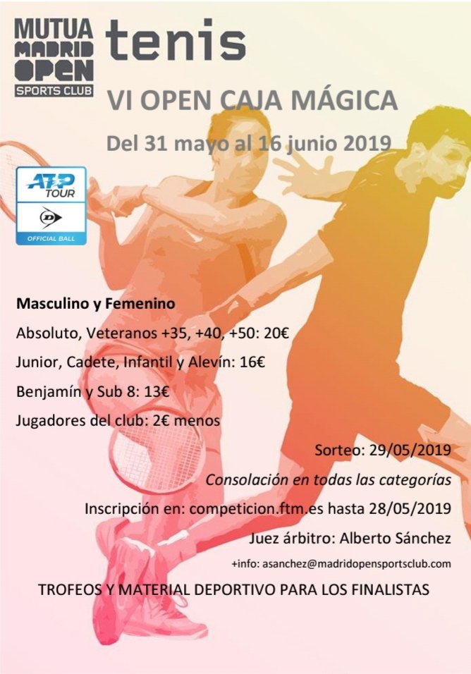 MMOSPORTSCLUB's tweet photo. El próximo martes 28 de mayo, finaliza la inscripción del VI OPEN CAJA MÁGICA. Torneo federado masculino y femenino, todas las categorías. Juega en la mejor tierra batida!!🎾 Inscripciones en https://t.co/tsGepLecSa
@fedetenismadrid @Dunloptenis_es 
#cajamagica https://t.co/1XvrRbTGOr